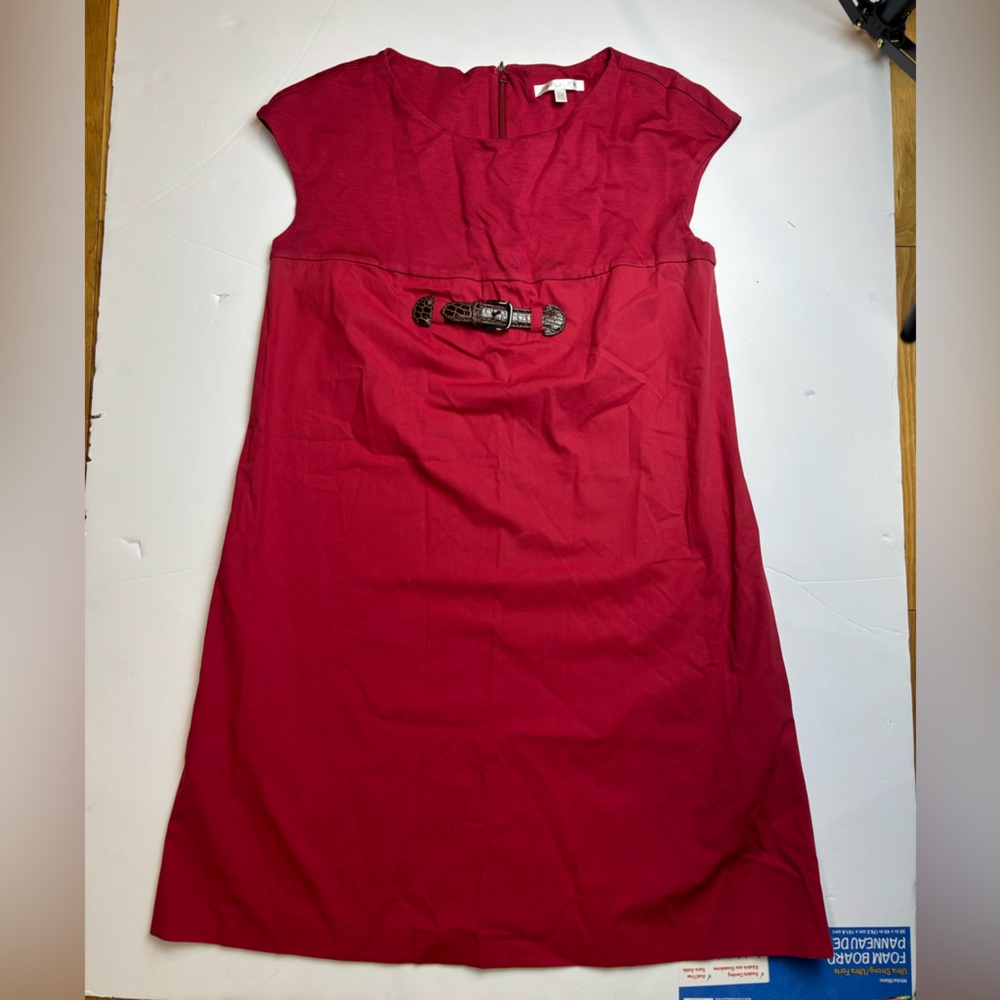Paule Ka red shift dress with leather accent‎